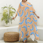 Retro Blue Banana Pattern Print Silk V-Neck Kaftan Dress