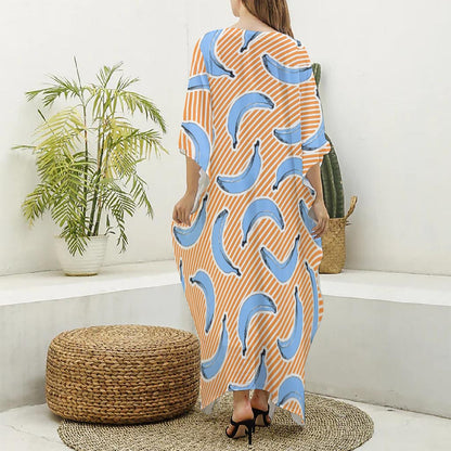 Retro Blue Banana Pattern Print Silk V-Neck Kaftan Dress
