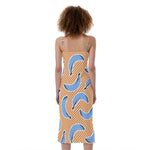 Retro Blue Banana Pattern Print Slim Fit Midi Cami Dress