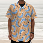 Retro Blue Banana Pattern Print Textured Short Sleeve Shirt