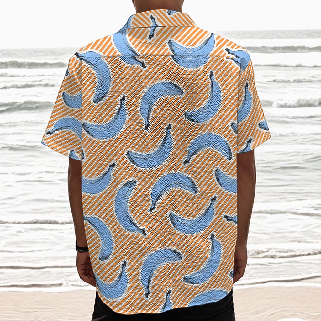 Retro Blue Banana Pattern Print Textured Short Sleeve Shirt