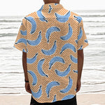 Retro Blue Banana Pattern Print Textured Short Sleeve Shirt