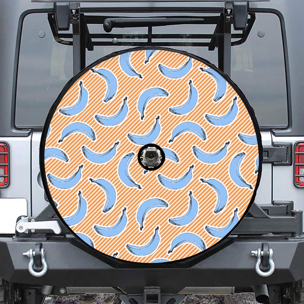 Retro Blue Banana Pattern Print Tire Cover With Camera Hole