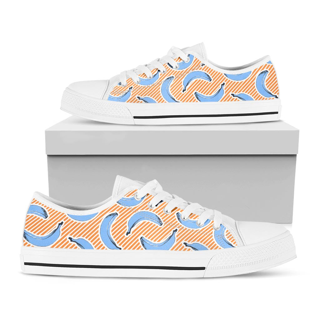 Retro Blue Banana Pattern Print White Low Top Sneakers