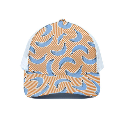 Retro Blue Banana Pattern Print White Mesh Trucker Cap