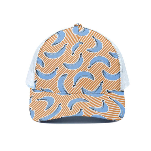 Retro Blue Banana Pattern Print White Mesh Trucker Cap
