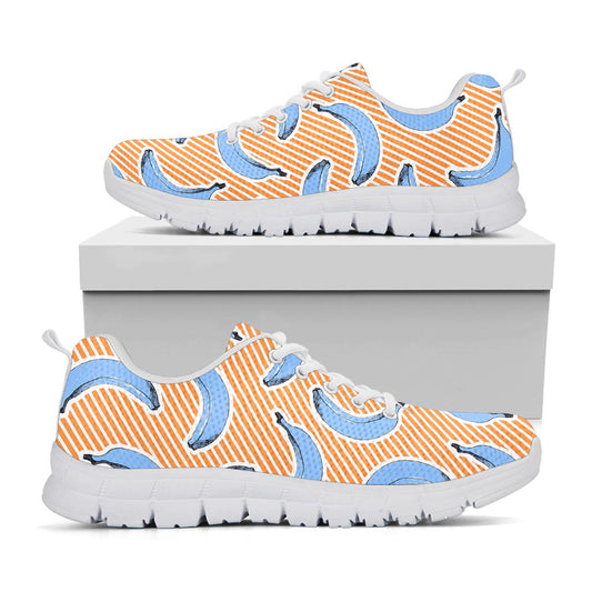 Retro Blue Banana Pattern Print White Running Shoes