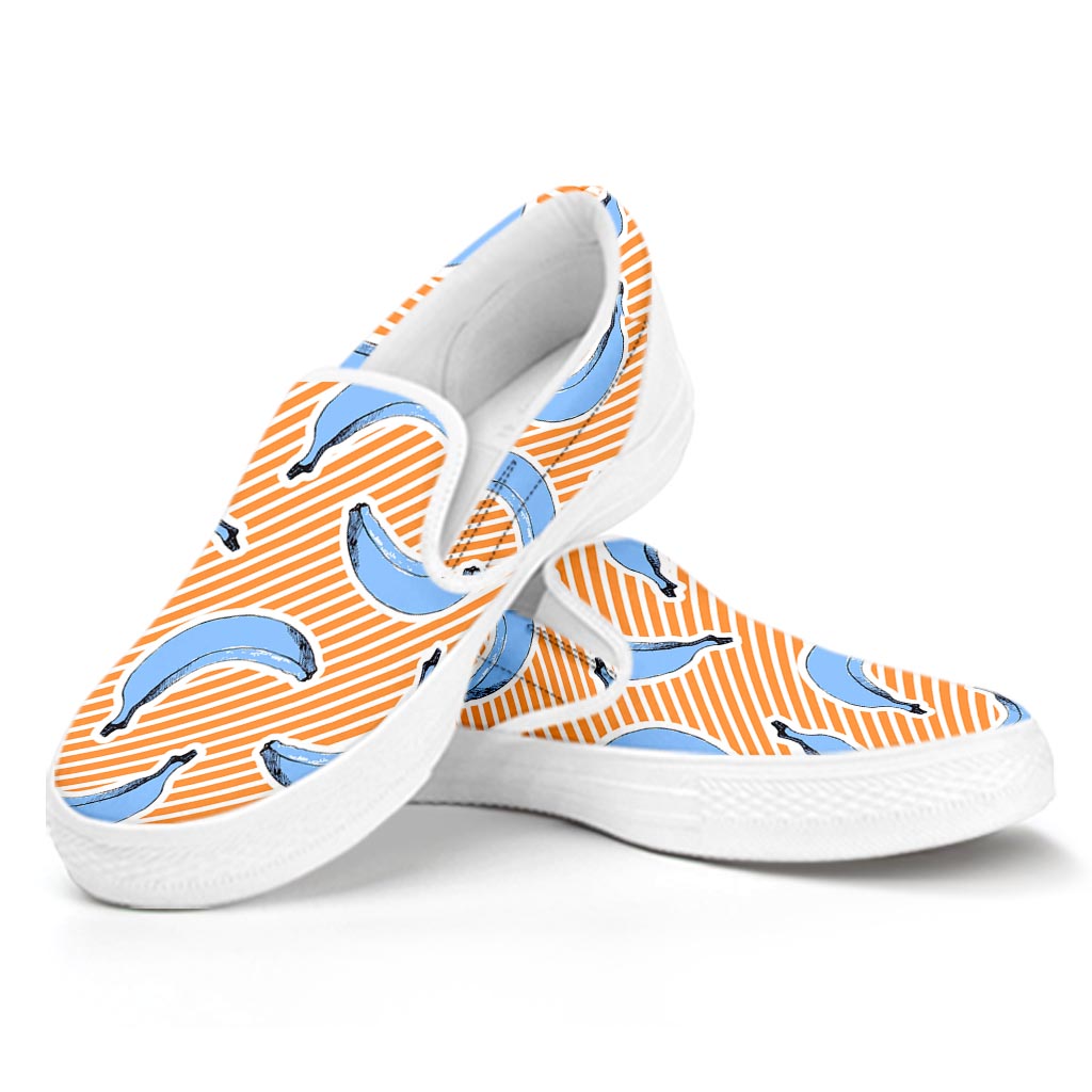 Retro Blue Banana Pattern Print White Slip On Sneakers