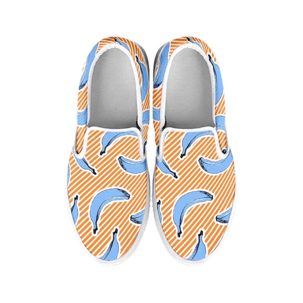 Retro Blue Banana Pattern Print White Slip On Sneakers