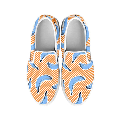 Retro Blue Banana Pattern Print White Slip On Sneakers
