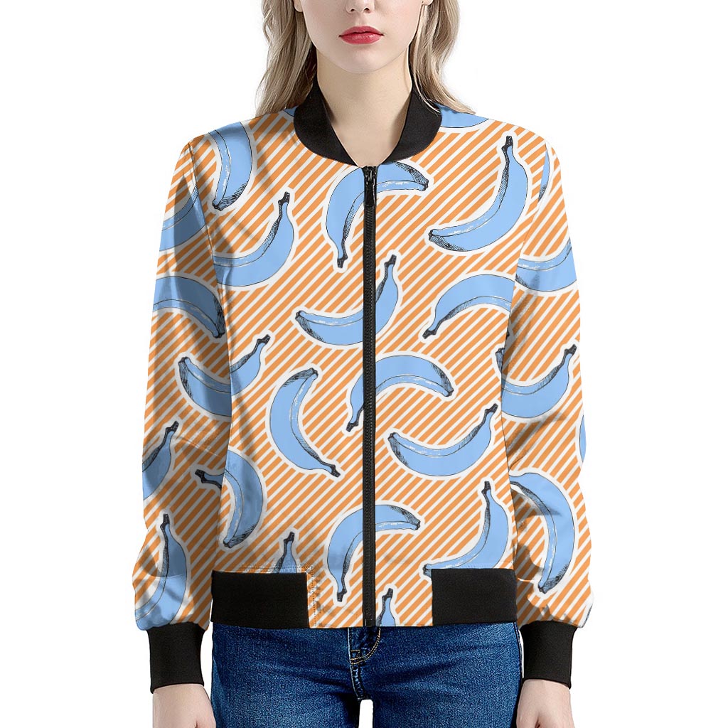 Retro Blue Banana Pattern Print Women's Bomber Jacket