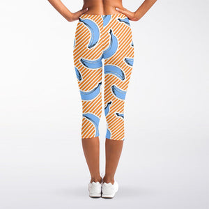 Retro Blue Banana Pattern Print Women's Capri Leggings