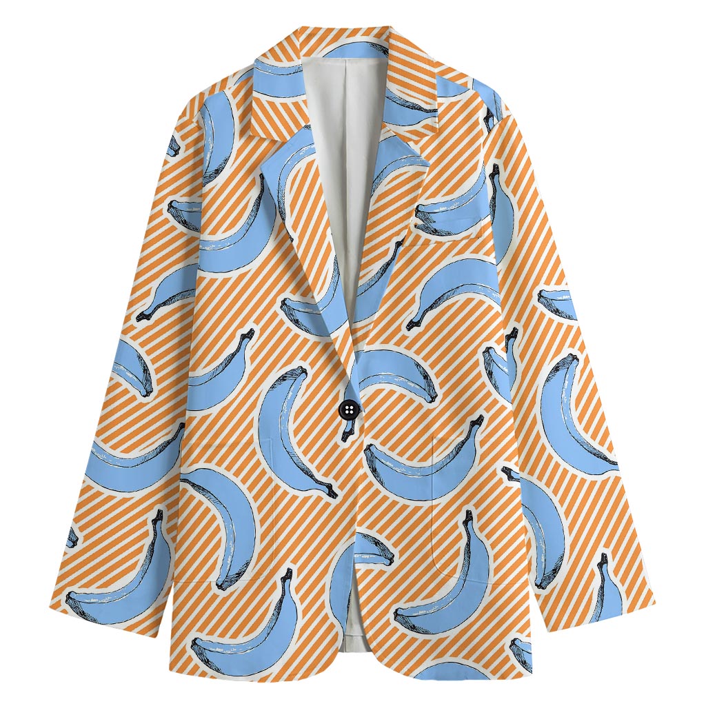Retro Blue Banana Pattern Print Women's Cotton Blazer