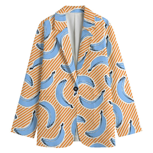 Retro Blue Banana Pattern Print Women's Cotton Blazer