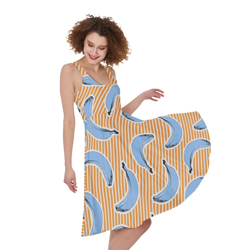 Retro Blue Banana Pattern Print Women's Sleeveless Dress