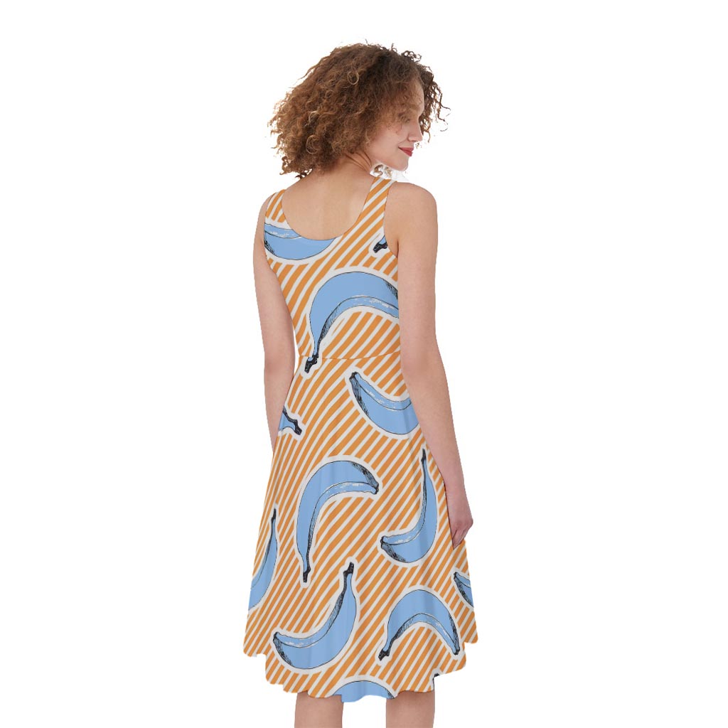 Retro Blue Banana Pattern Print Women's Sleeveless Dress