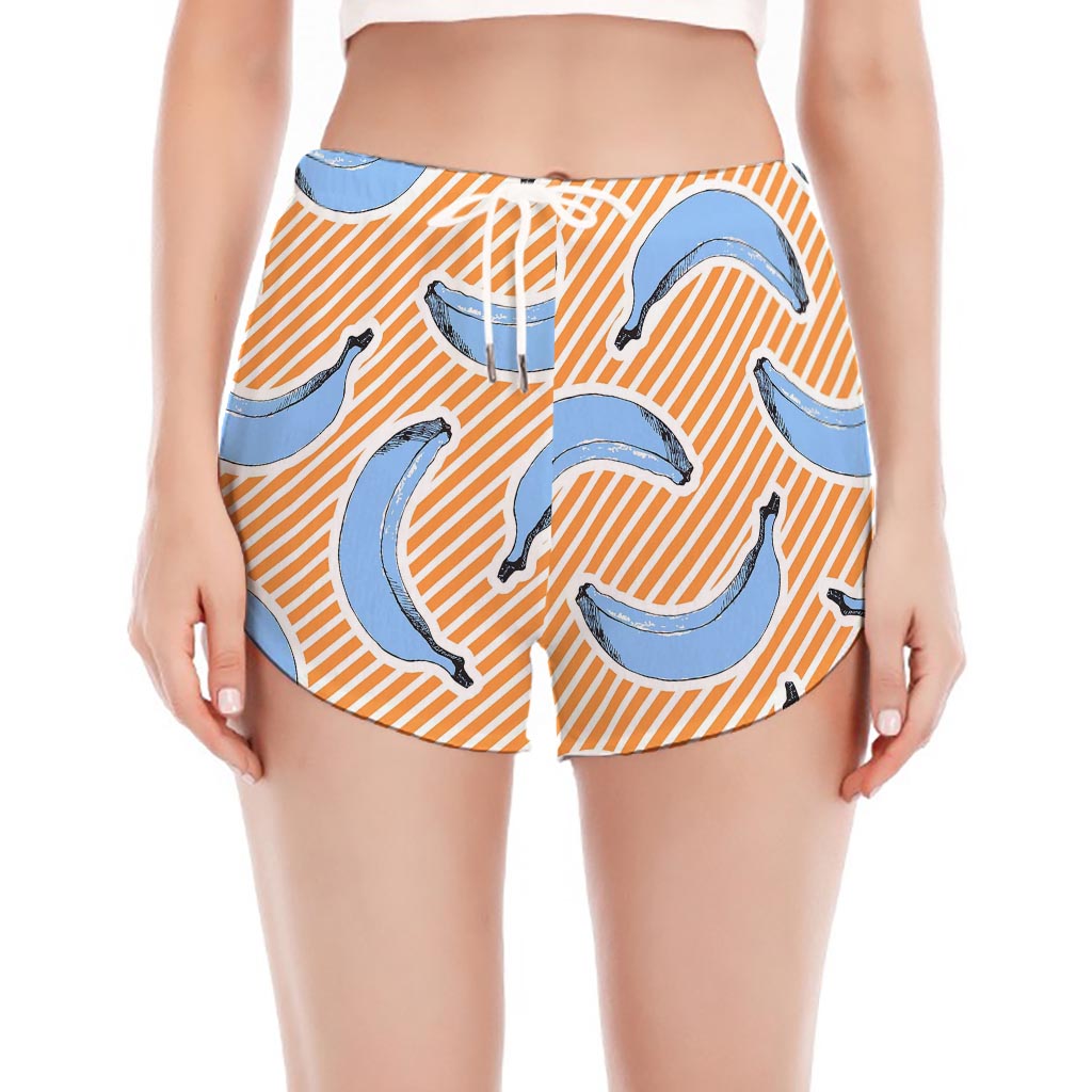 Retro Blue Banana Pattern Print Women's Split Running Shorts