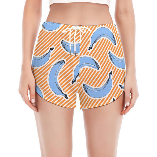 Retro Blue Banana Pattern Print Women's Split Running Shorts