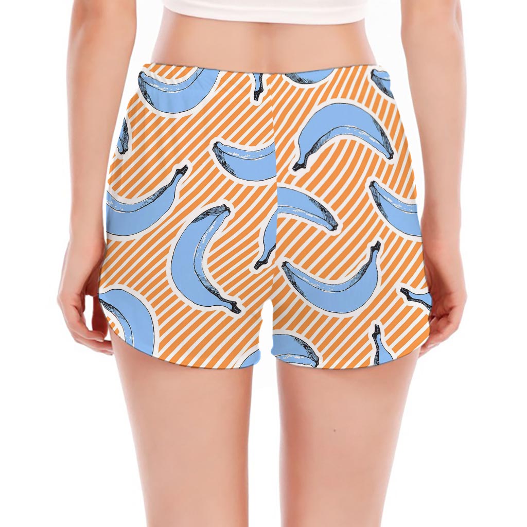 Retro Blue Banana Pattern Print Women's Split Running Shorts