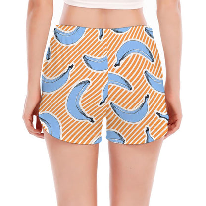 Retro Blue Banana Pattern Print Women's Split Running Shorts