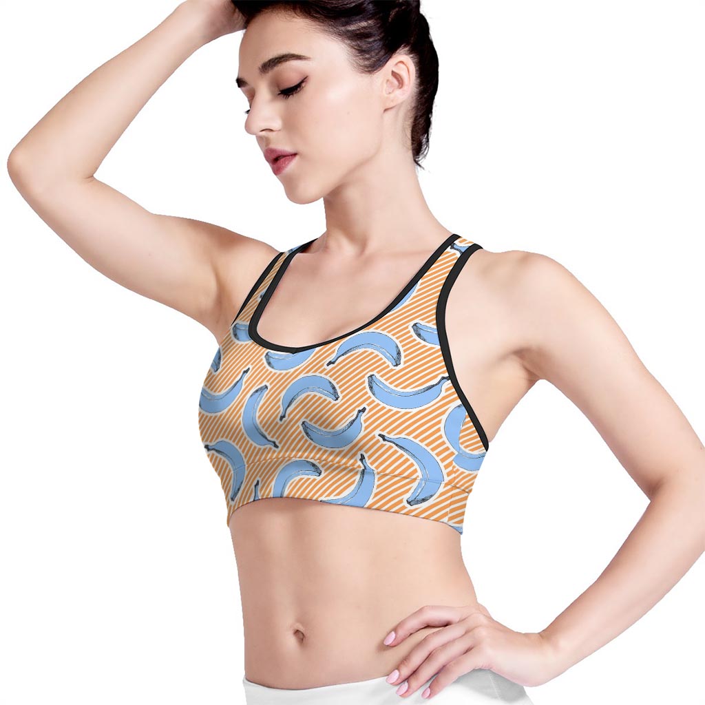 Retro Blue Banana Pattern Print Women's Sports Bra