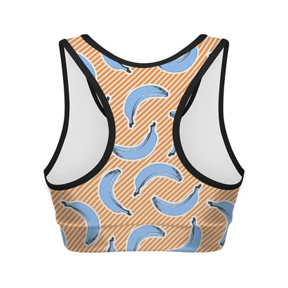 Retro Blue Banana Pattern Print Women's Sports Bra