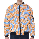 Retro Blue Banana Pattern Print Zip Sleeve Bomber Jacket