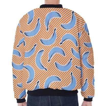 Retro Blue Banana Pattern Print Zip Sleeve Bomber Jacket