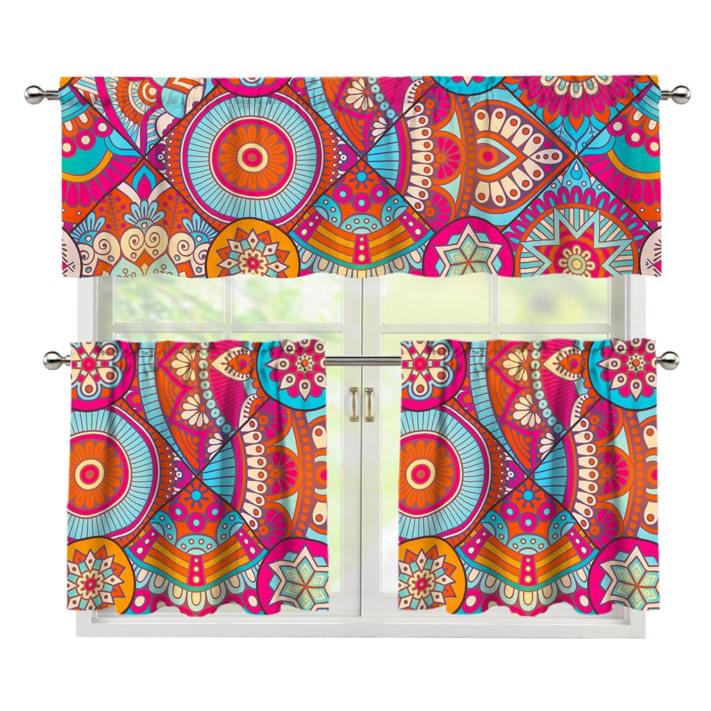 Retro Bohemian Mandala Pattern Print 3 Piece Kitchen Curtains