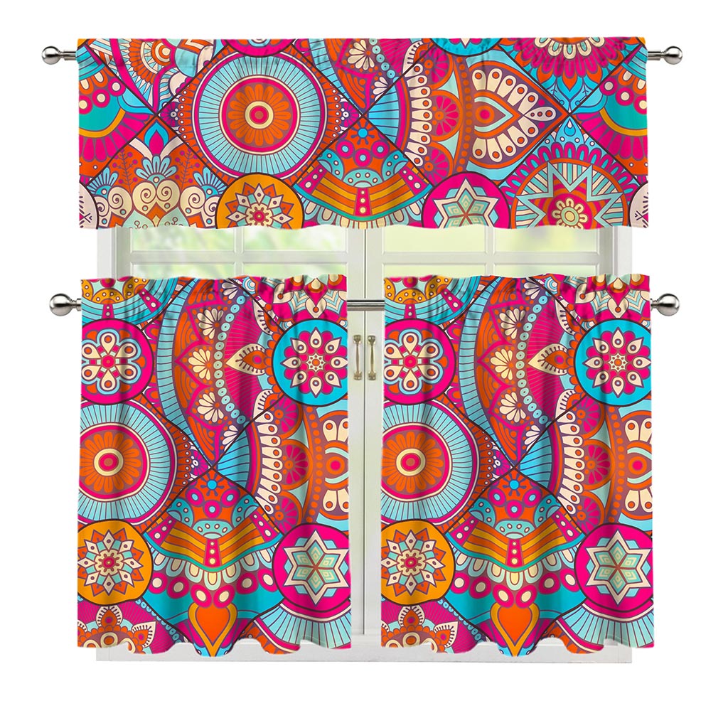 Retro Bohemian Mandala Pattern Print 3 Piece Kitchen Curtains