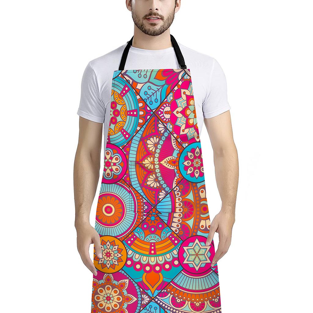 Retro Bohemian Mandala Pattern Print Bib Apron With Pocket