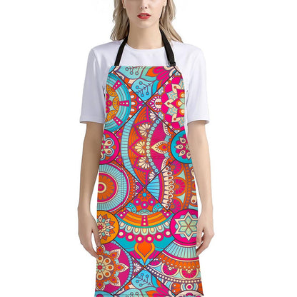 Retro Bohemian Mandala Pattern Print Bib Apron With Pocket