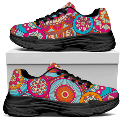 Retro Bohemian Mandala Pattern Print Black Chunky Shoes