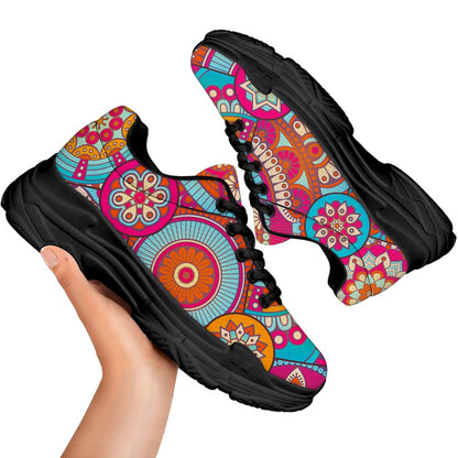 Retro Bohemian Mandala Pattern Print Black Chunky Shoes