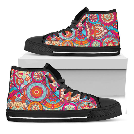 Retro Bohemian Mandala Pattern Print Black High Top Sneakers