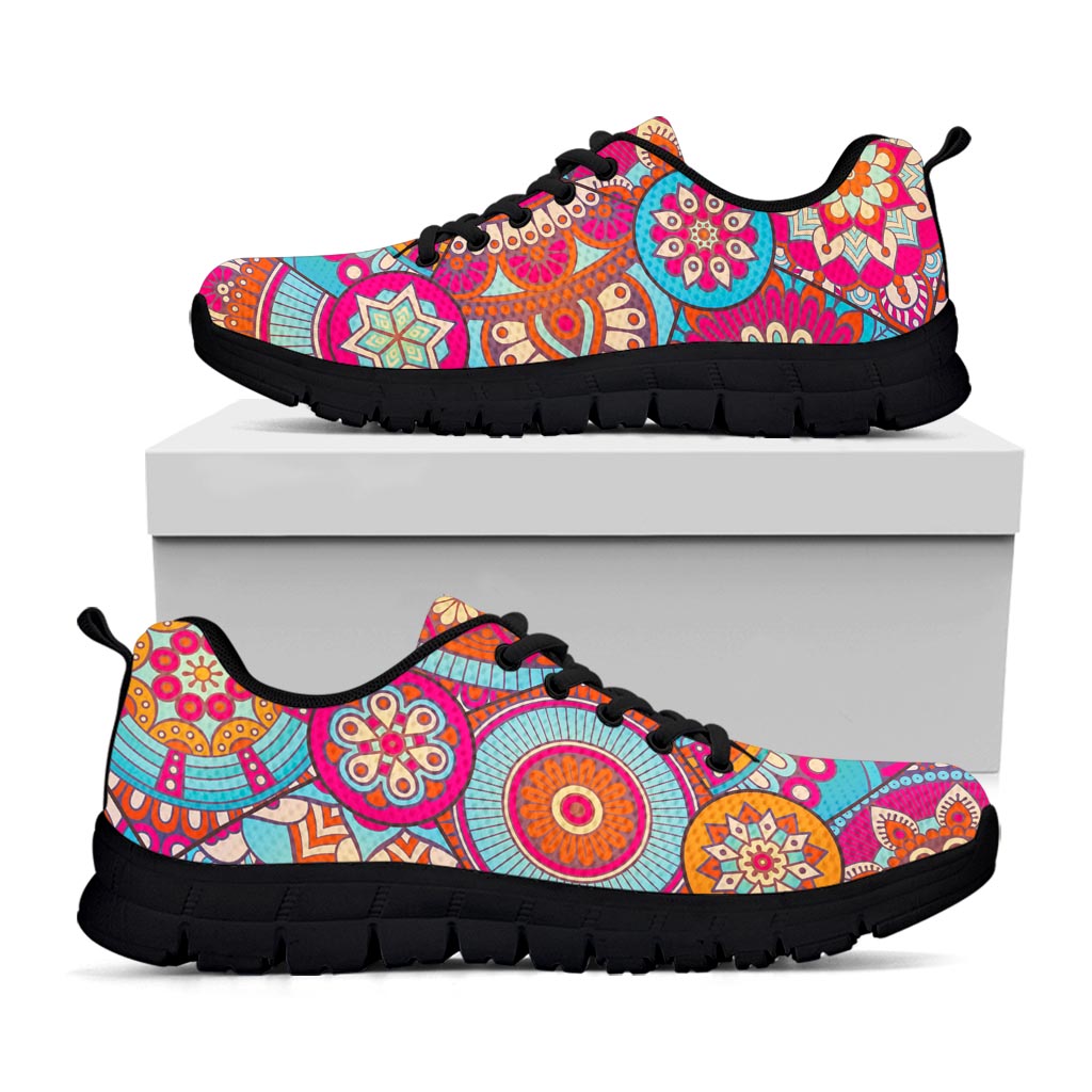 Retro Bohemian Mandala Pattern Print Black Running Shoes