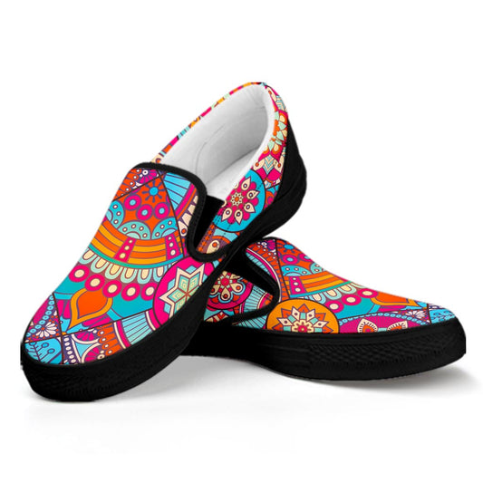 Retro Bohemian Mandala Pattern Print Black Slip On Sneakers