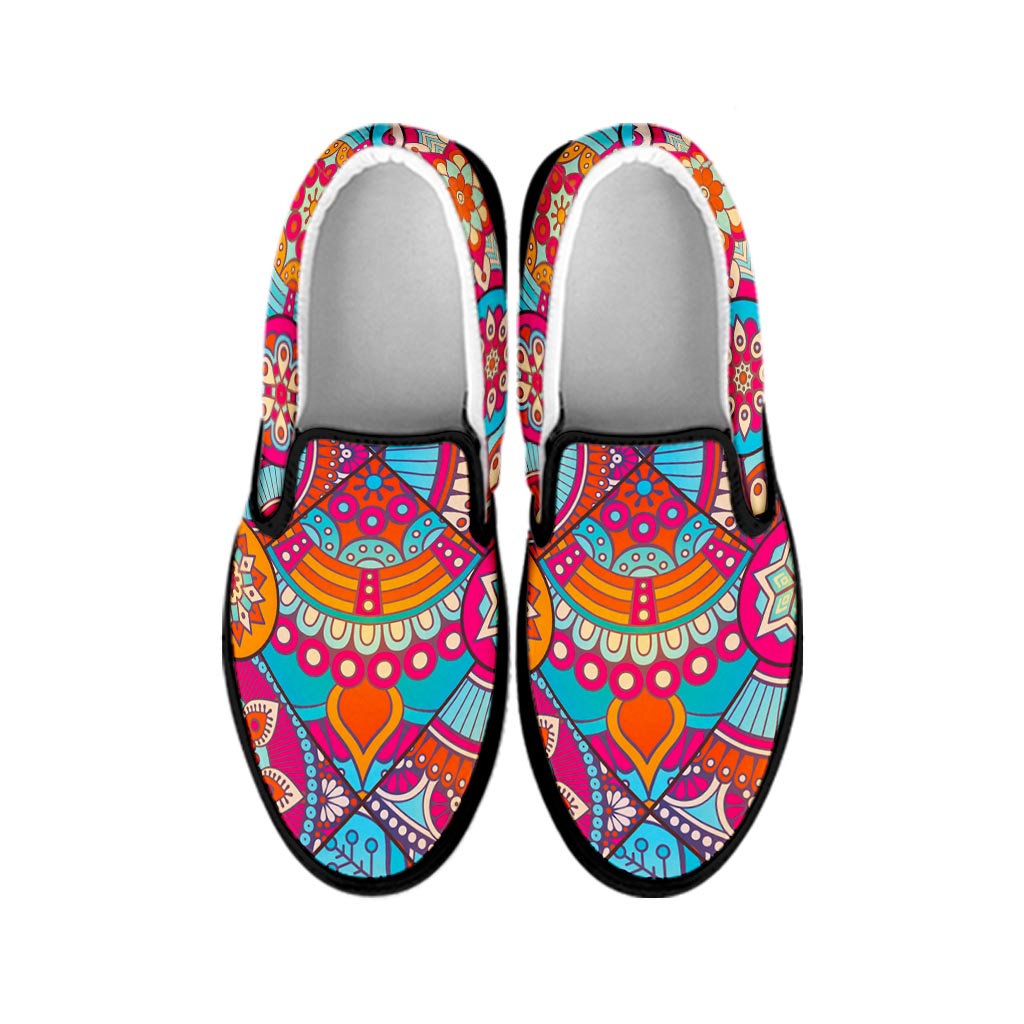 Retro Bohemian Mandala Pattern Print Black Slip On Sneakers