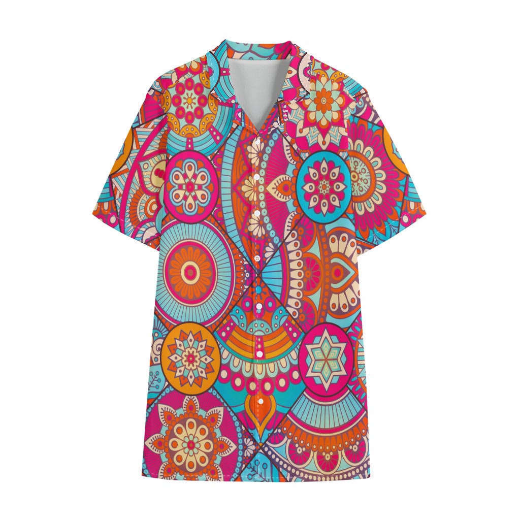 Retro Bohemian Mandala Pattern Print Cotton Hawaiian Shirt