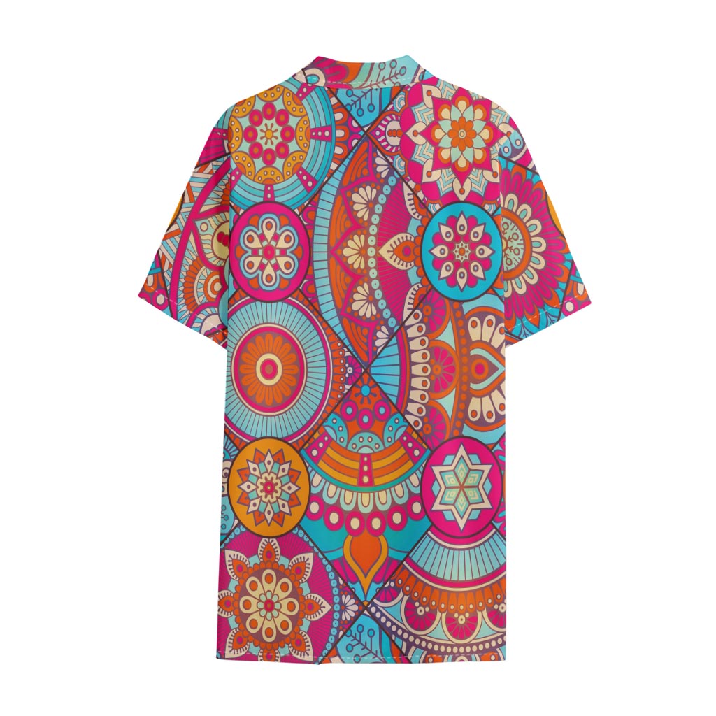 Retro Bohemian Mandala Pattern Print Cotton Hawaiian Shirt
