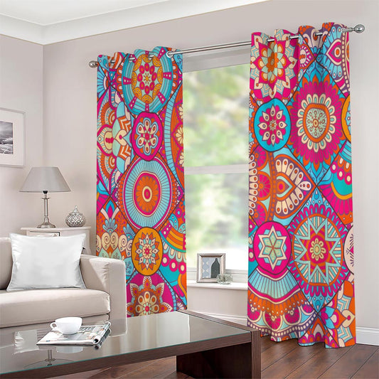 Retro Bohemian Mandala Pattern Print Extra Wide Grommet Curtains