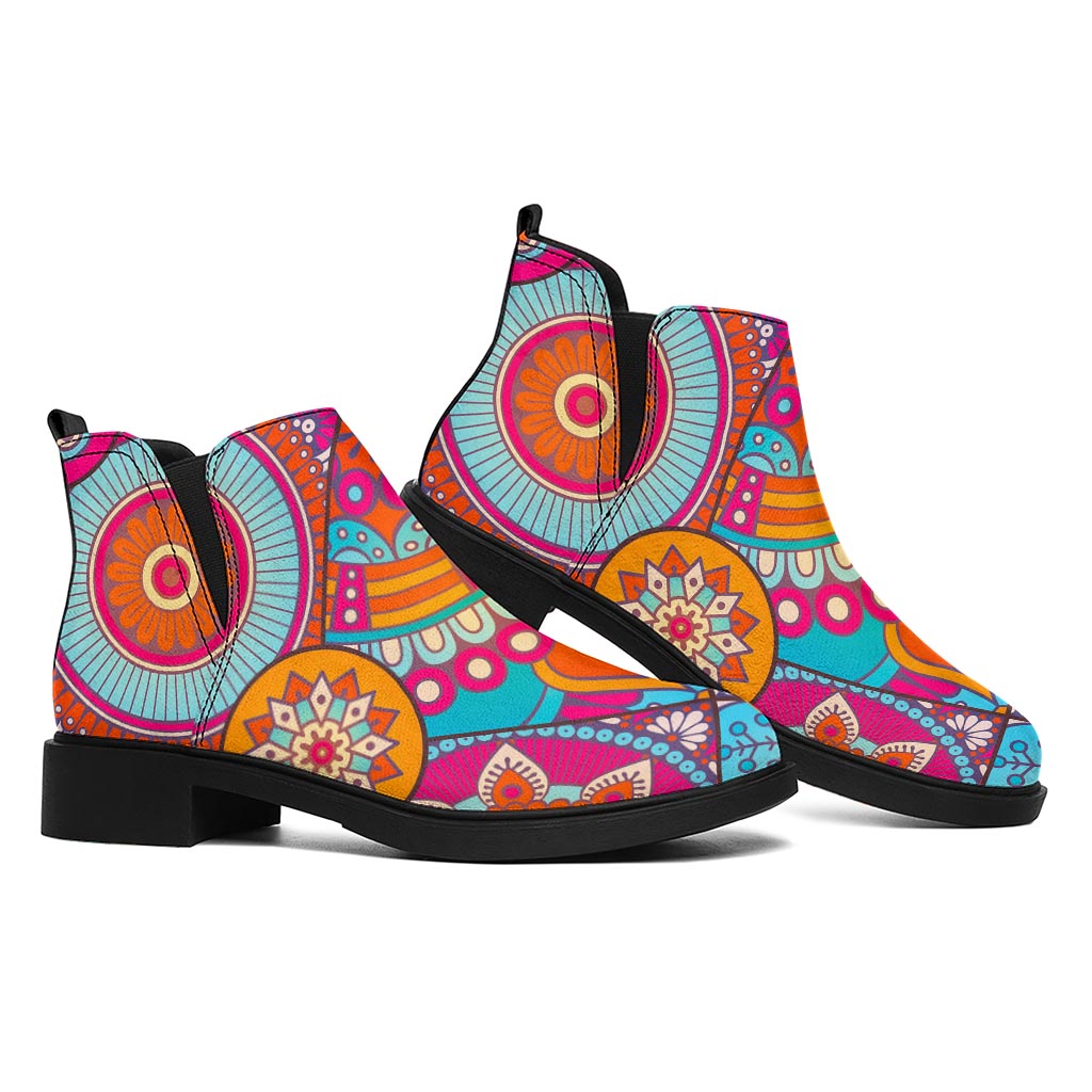 Retro Bohemian Mandala Pattern Print Flat Ankle Boots