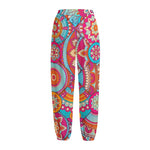 Retro Bohemian Mandala Pattern Print Fleece Lined Knit Pants