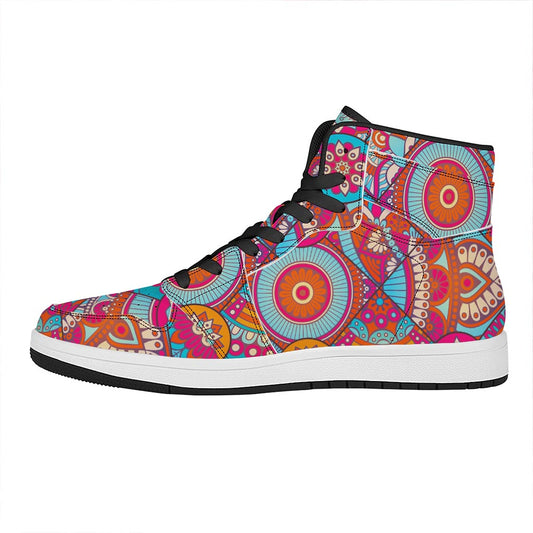 Retro Bohemian Mandala Pattern Print High Top Leather Sneakers