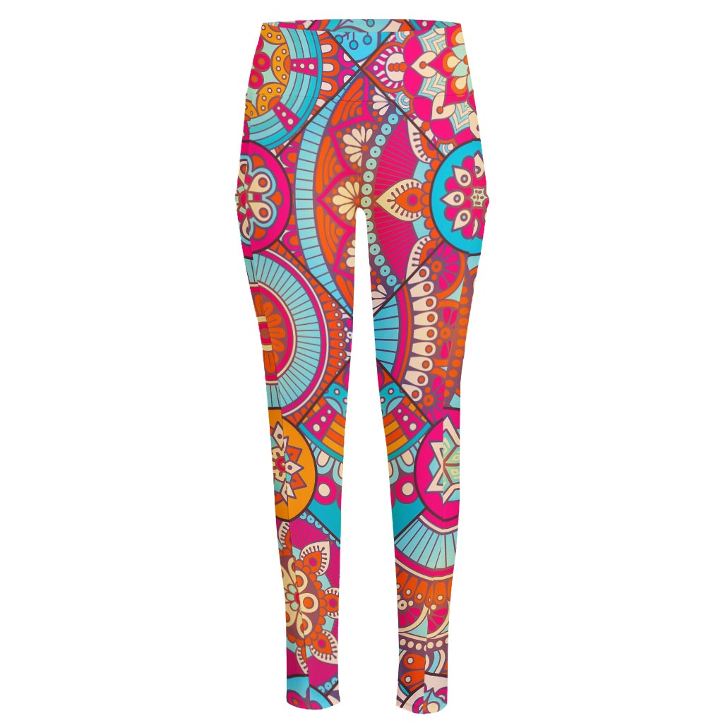 Retro Bohemian Mandala Pattern Print High-Waisted Pocket Leggings