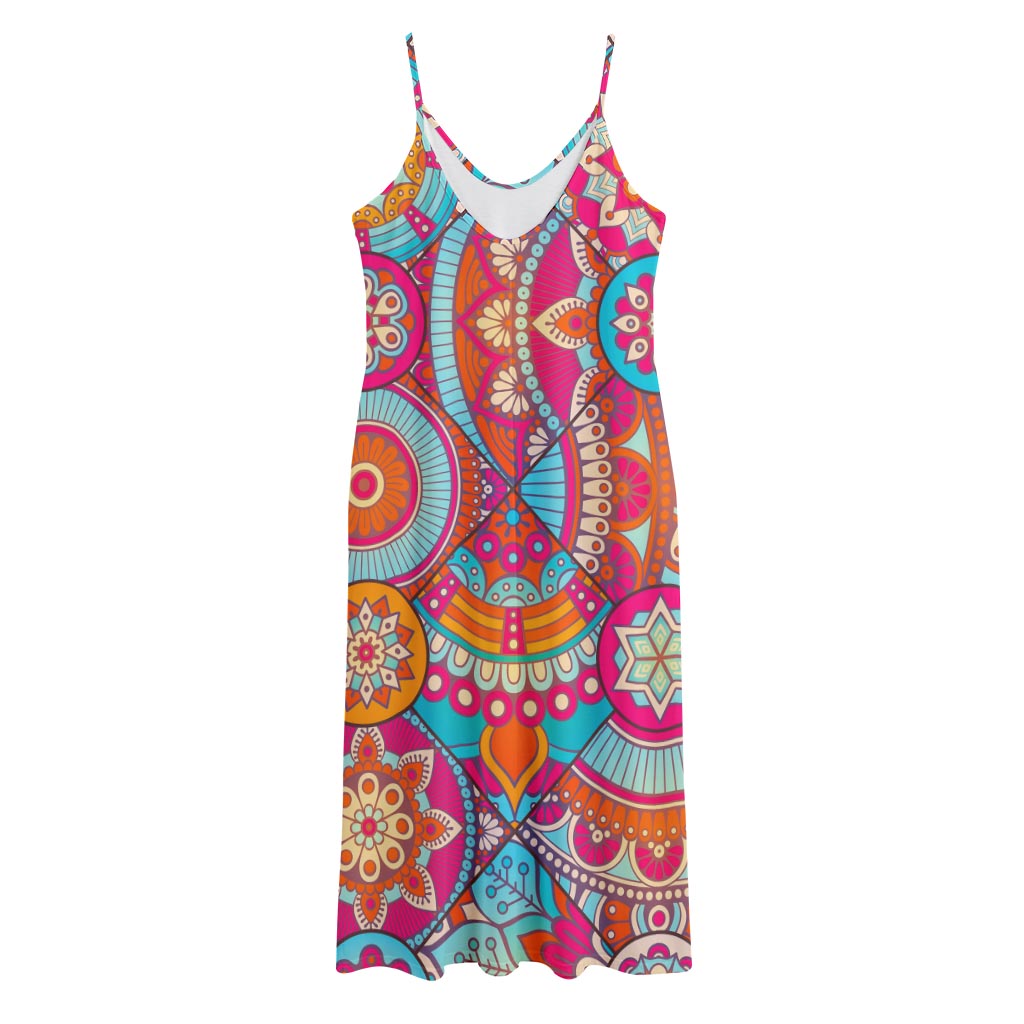 Retro Bohemian Mandala Pattern Print Jersey Midi Cami Dress