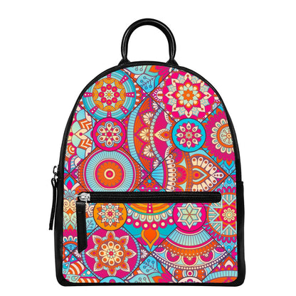 Retro Bohemian Mandala Pattern Print Leather Backpack