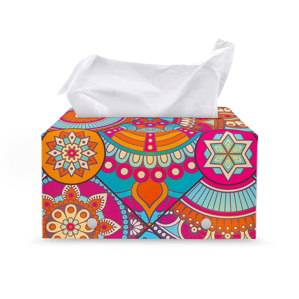 Retro Bohemian Mandala Pattern Print Leather Tissue Box Cover