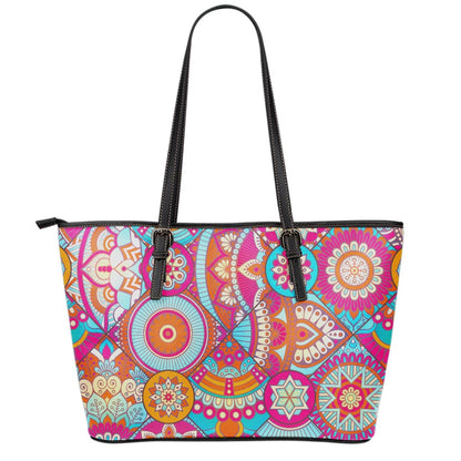 Retro Bohemian Mandala Pattern Print Leather Tote Bag