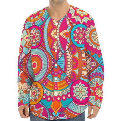 Retro Bohemian Mandala Pattern Print Long Sleeve Baseball Jersey
